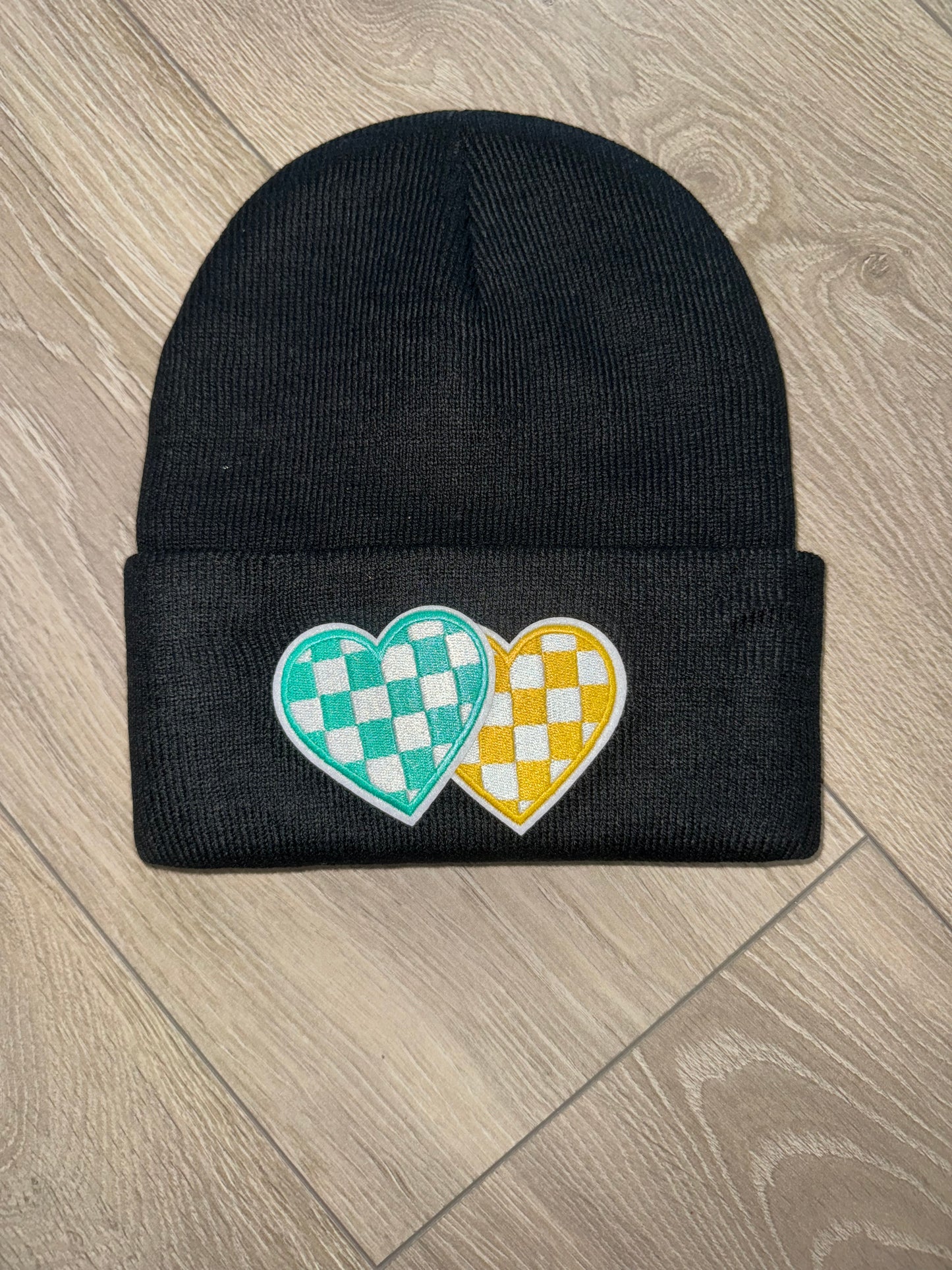 Blue Yellow Checkered Hearts Toque