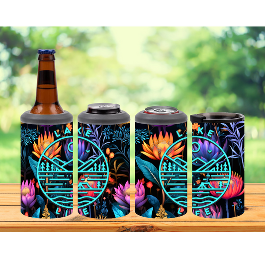 Set of colorful can coolers with floral designs on a wooden surface.